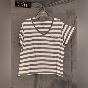 Just My Size Gray & White Striped V-Neck Tee with Butterfly Detail